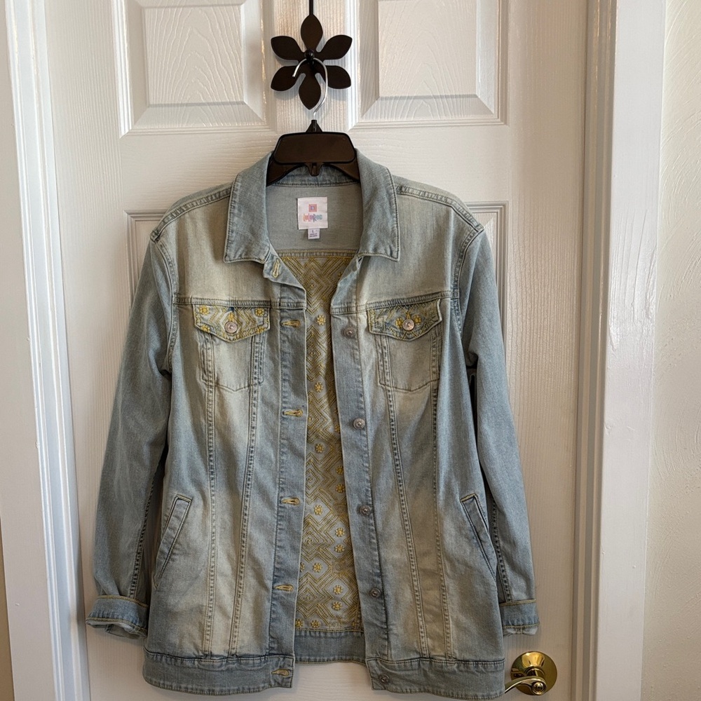 LuLaRoe Long Light Blue Embroidered Jean Jacket Size Large